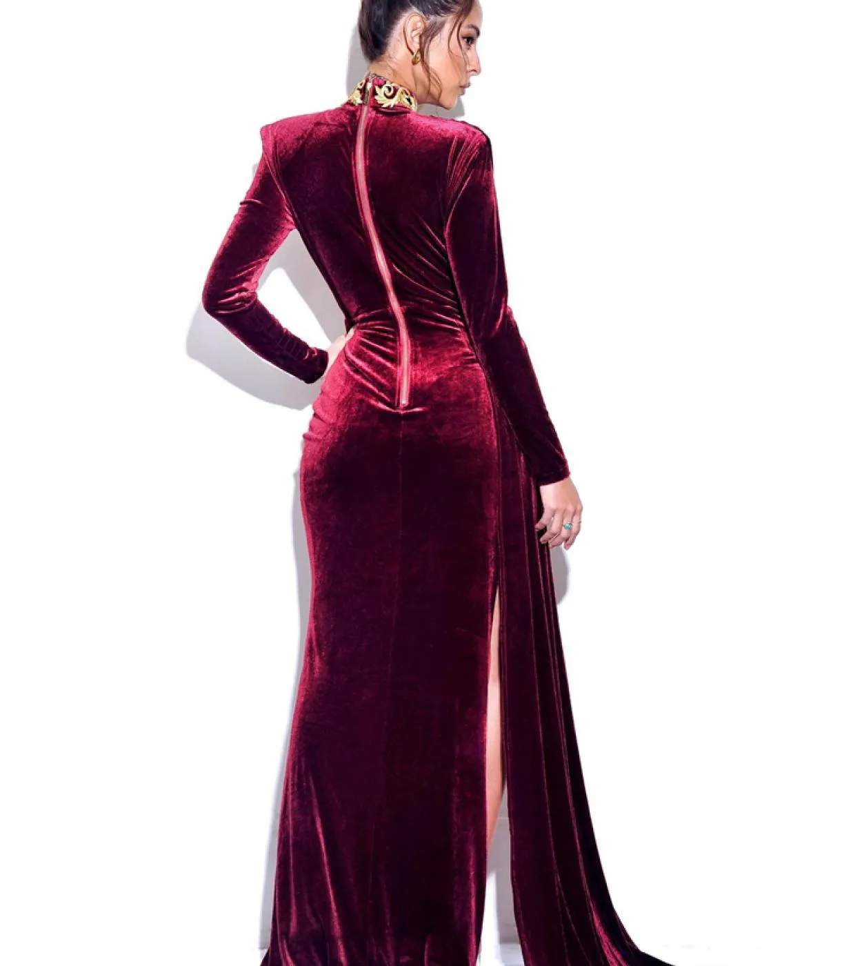 Abiti da spettacolo di bellezza con spacco alto invernale Abito formale in velluto Moda scava fuori manica lunga Elegante celebr