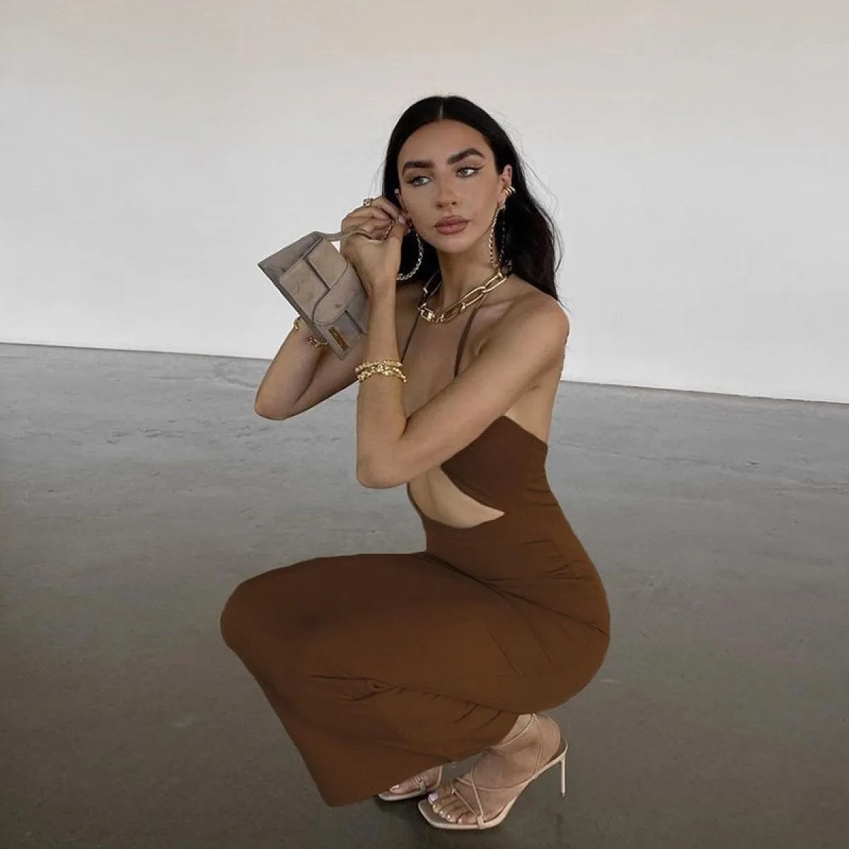 Abito lungo da donna scollato senza maniche senza schienale slim fit allacciato al collo 2024 primavera estate festa serale soli