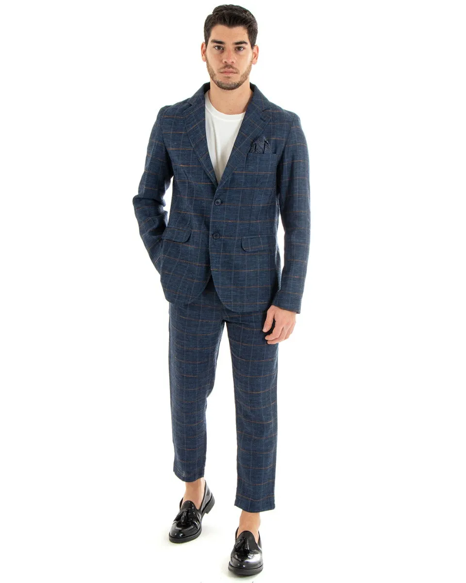Abito Uomo Monopetto Completo Lino Blu A Quadri Sartoriale Giacca Pantaloni Elegante Casual GIOSAL-OU2290A
