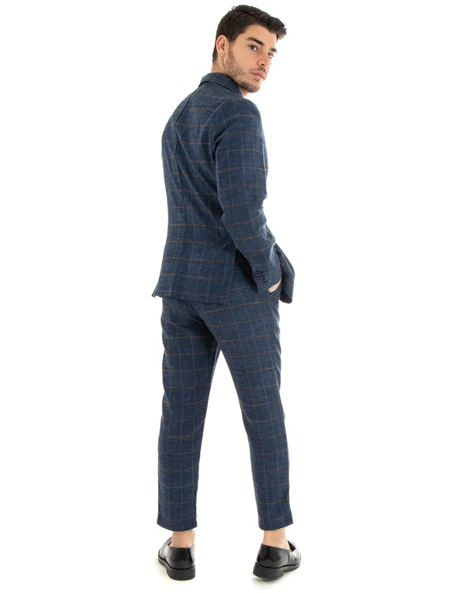 Abito Uomo Monopetto Completo Lino Blu A Quadri Sartoriale Giacca Pantaloni Elegante Casual GIOSAL-OU2290A