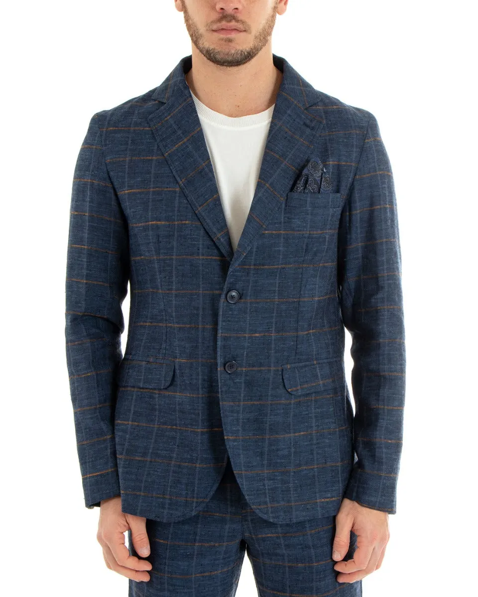 Abito Uomo Monopetto Completo Lino Blu A Quadri Sartoriale Giacca Pantaloni Elegante Casual GIOSAL-OU2290A