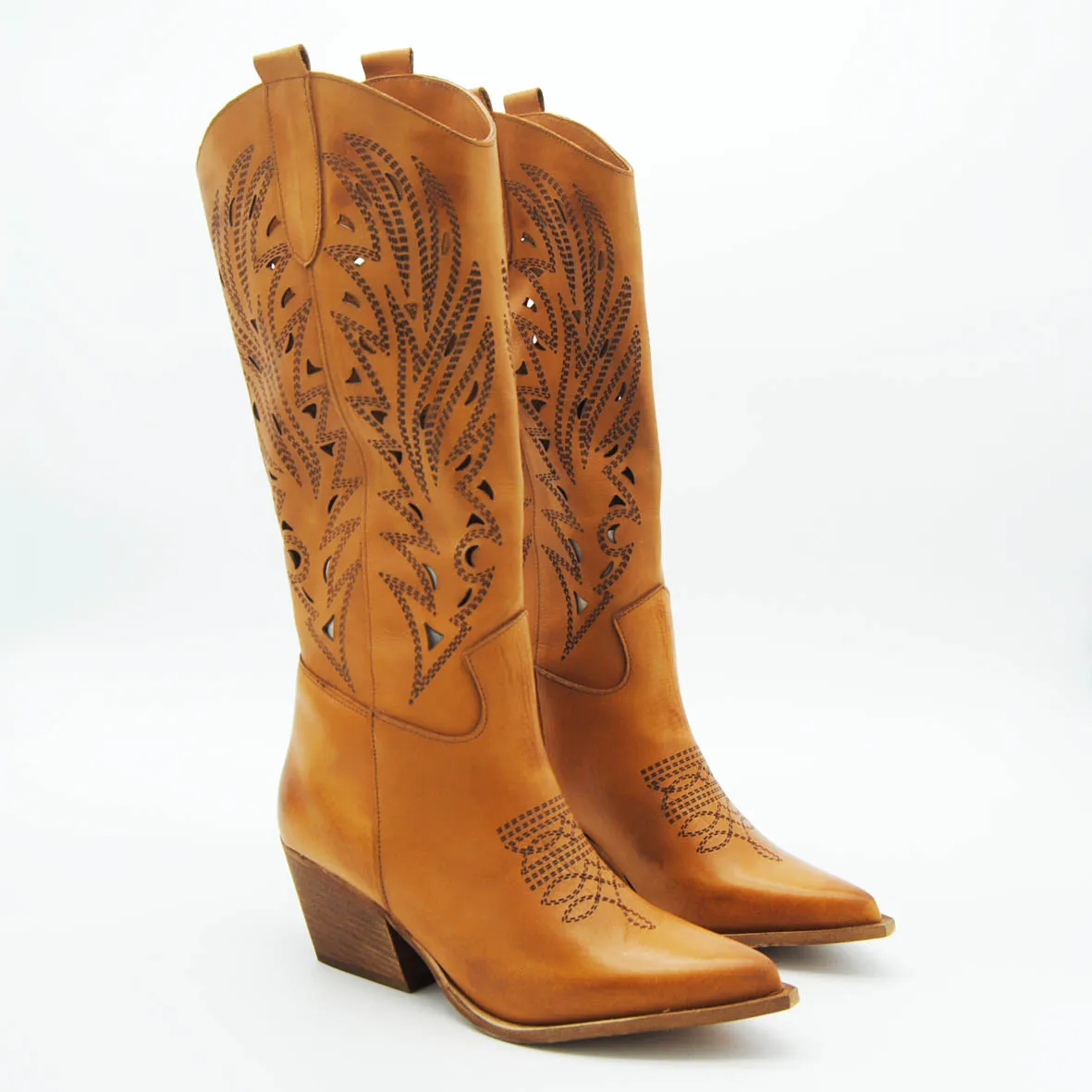 Anna Calzature stivale texano alto in pelle cuoio