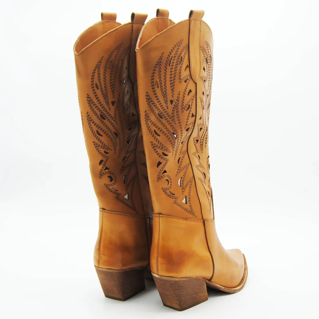Anna Calzature stivale texano alto in pelle cuoio