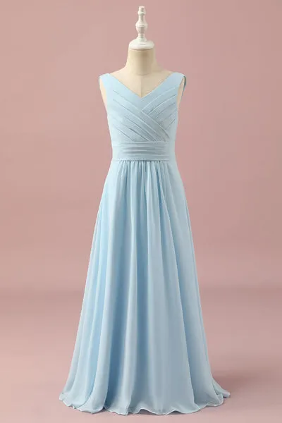 Azzurro V-scollo Chiffon Junior Bridesmaid Dress