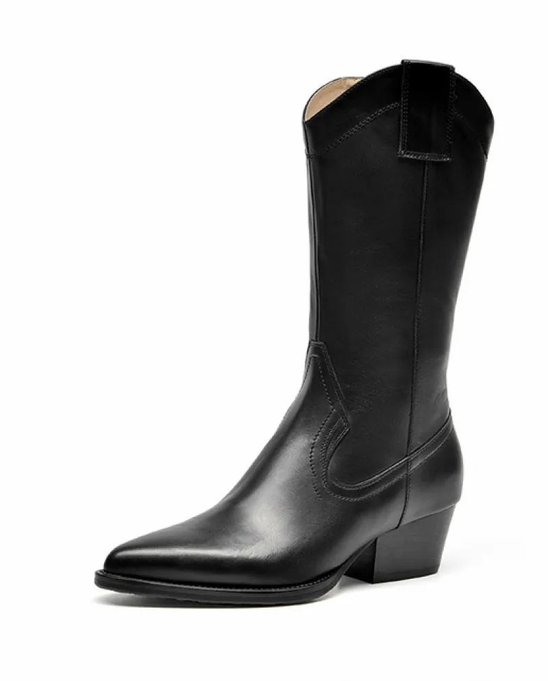 Beautoday Stivali Western da Donna in Pelle di Mucca a Metà Polpaccio Zip Laterale Punta a Punta Autunno Moda Scarpe da Donna Fa