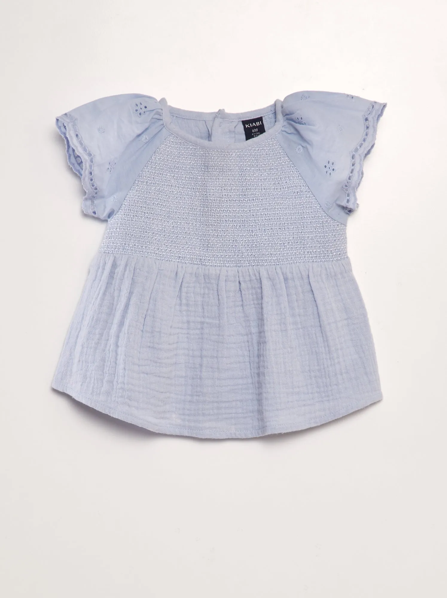Blusa in garza di cotone con ricamo sangallo - BLU