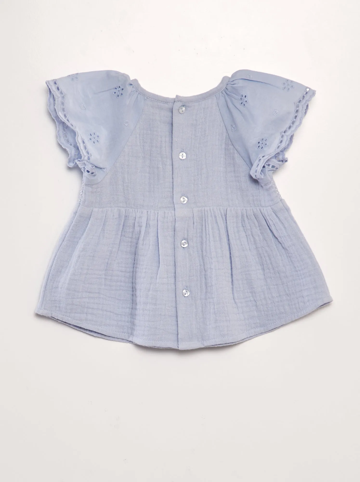 Blusa in garza di cotone con ricamo sangallo - BLU