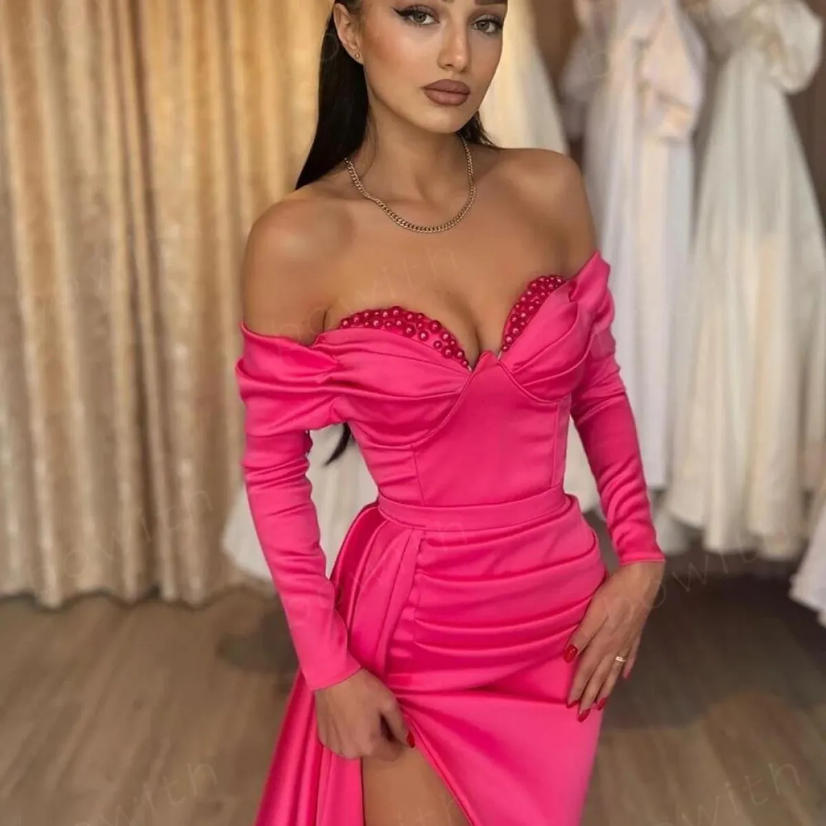 Bowith Abiti da sera di lusso 2023 Abiti da festa fucsia Abito a sirena per feste di gala con maniche lunghe Occasioni formali