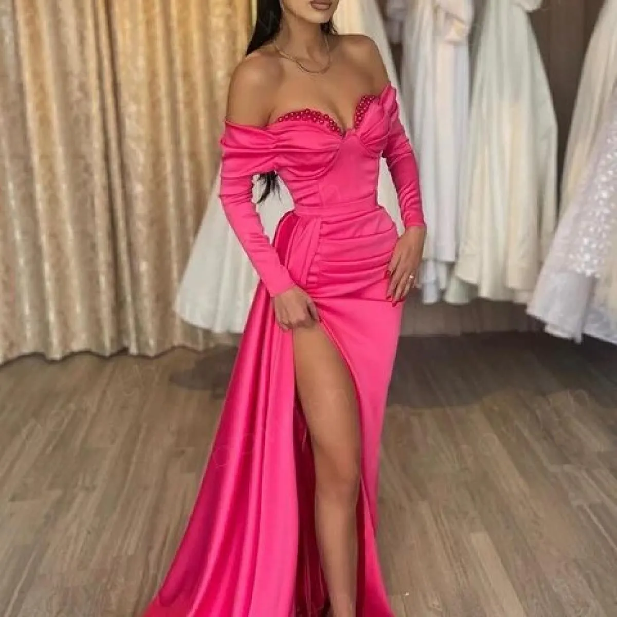 Bowith Abiti da sera di lusso 2023 Abiti da festa fucsia Abito a sirena per feste di gala con maniche lunghe Occasioni formali