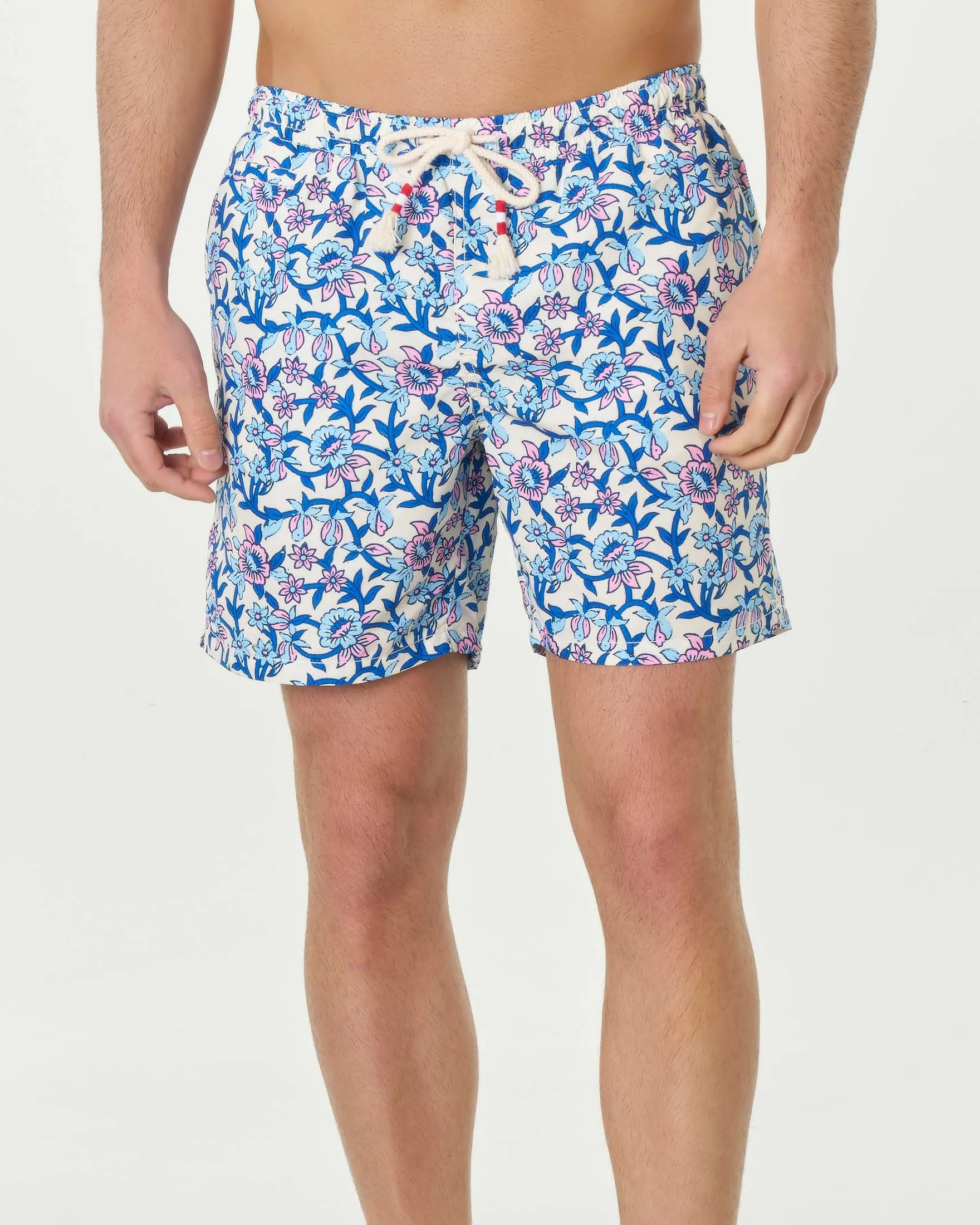 Boxer mare bianco in fantasia floreale blu royal e rosa
