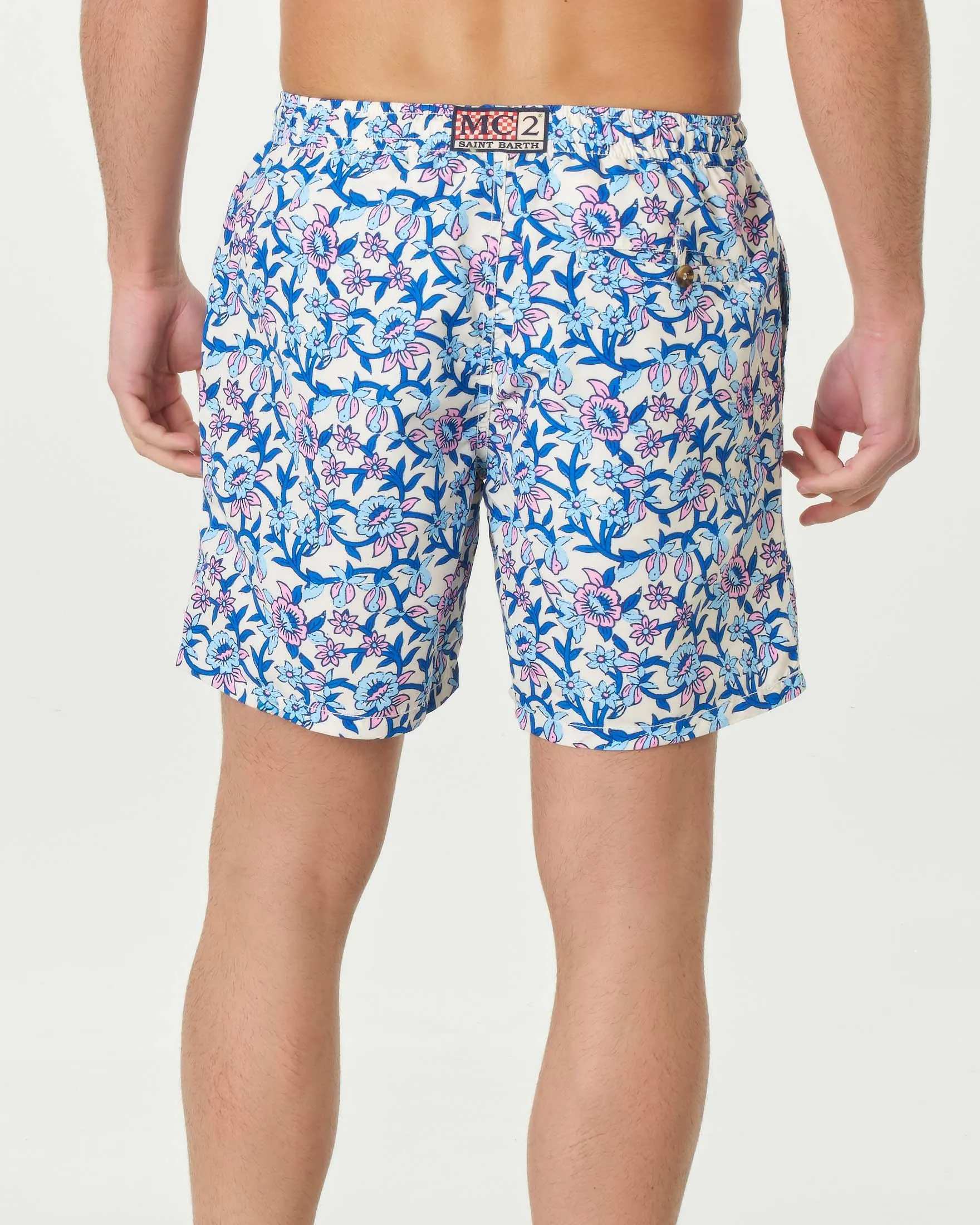 Boxer mare bianco in fantasia floreale blu royal e rosa