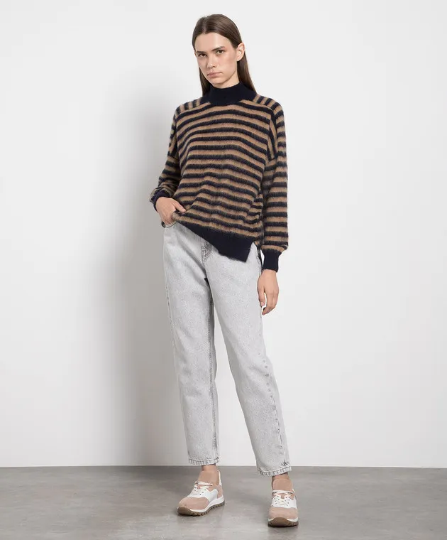 Brunello Cucinelli Maglione a righe blu con coulisse MBP154314P