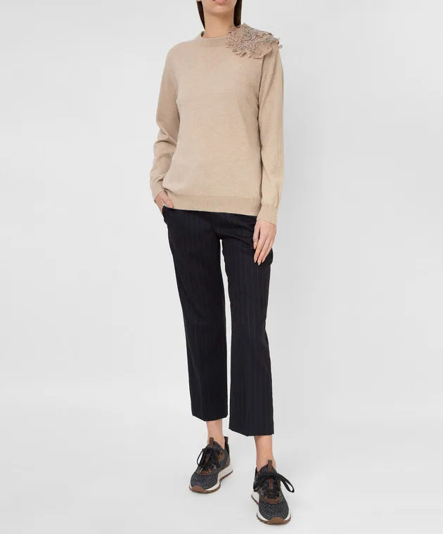 Brunello Cucinelli Pantaloni cropped in lana a righe grafite MP025P7756