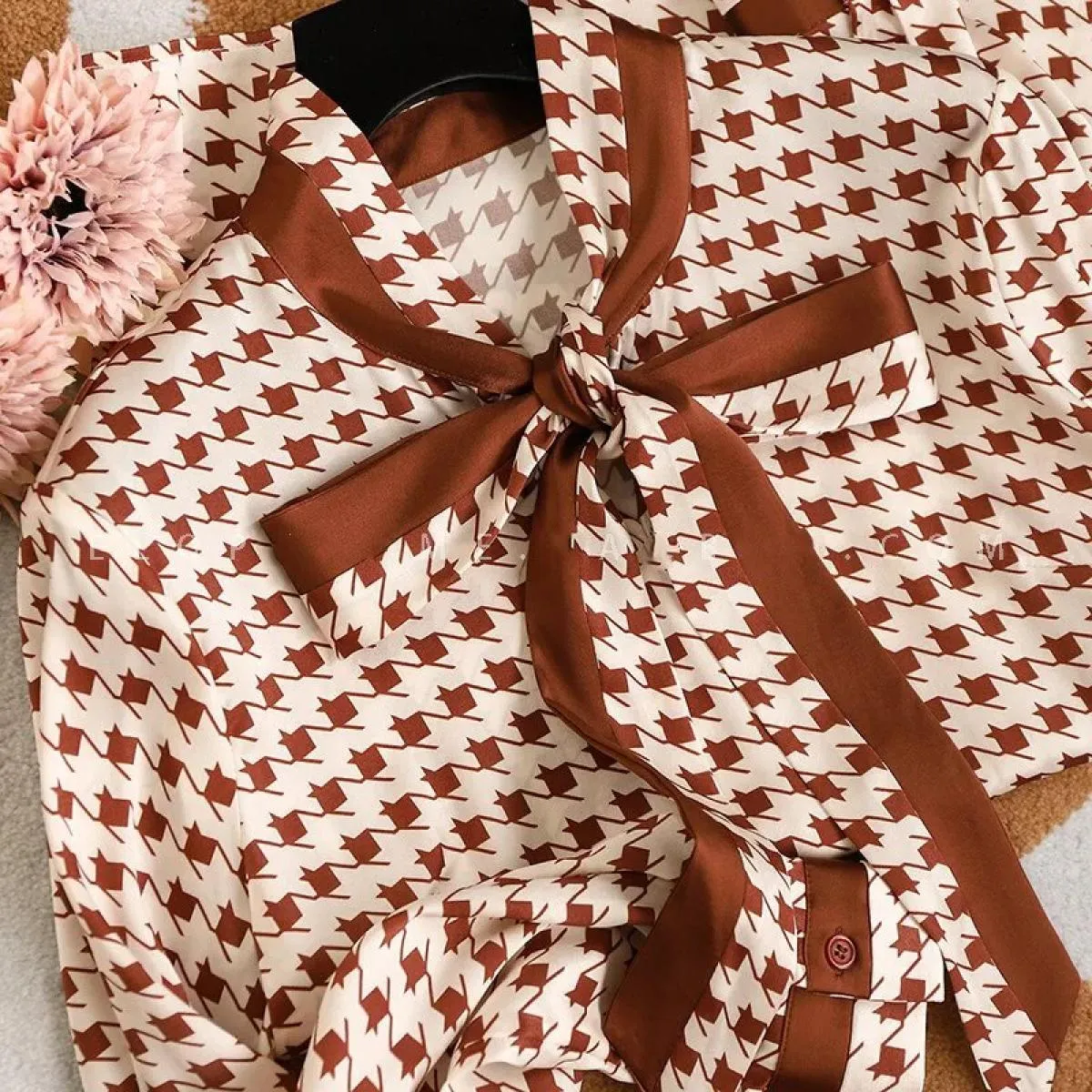 Camicetta da donna alla moda 2023 Temperamento Mille uccelli Camicia a colori con nastro a quadri con maniche lunghe Camisas De