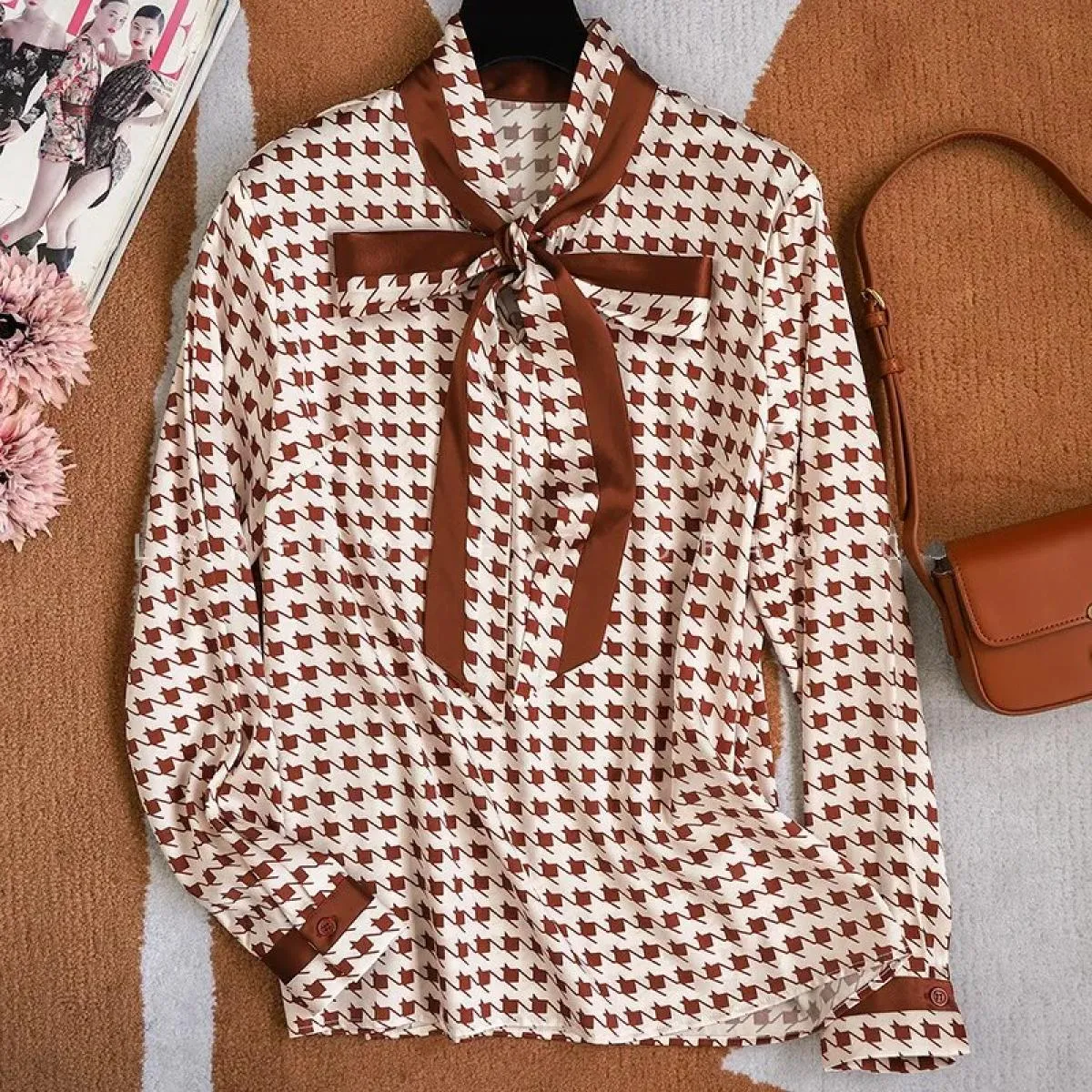 Camicetta da donna alla moda 2023 Temperamento Mille uccelli Camicia a colori con nastro a quadri con maniche lunghe Camisas De