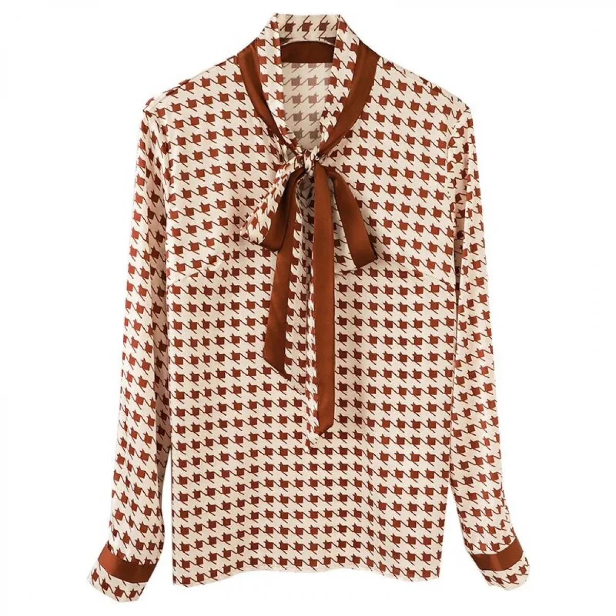 Camicetta da donna alla moda 2023 Temperamento Mille uccelli Camicia a colori con nastro a quadri con maniche lunghe Camisas De