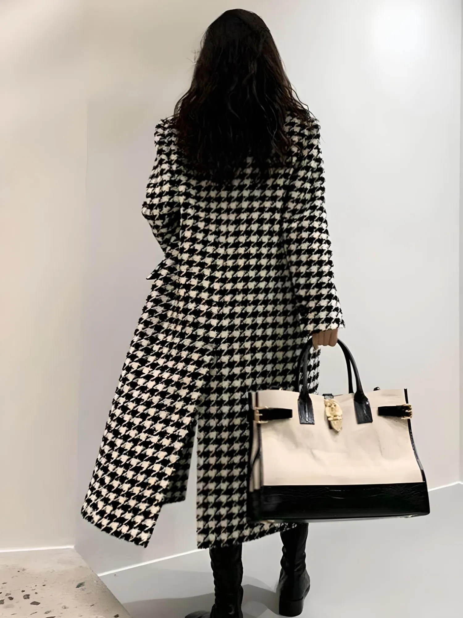 Cappotto Donna Fantasia Peid De Poule Vintage Lana Monopetto Manica Lunga Scollo V