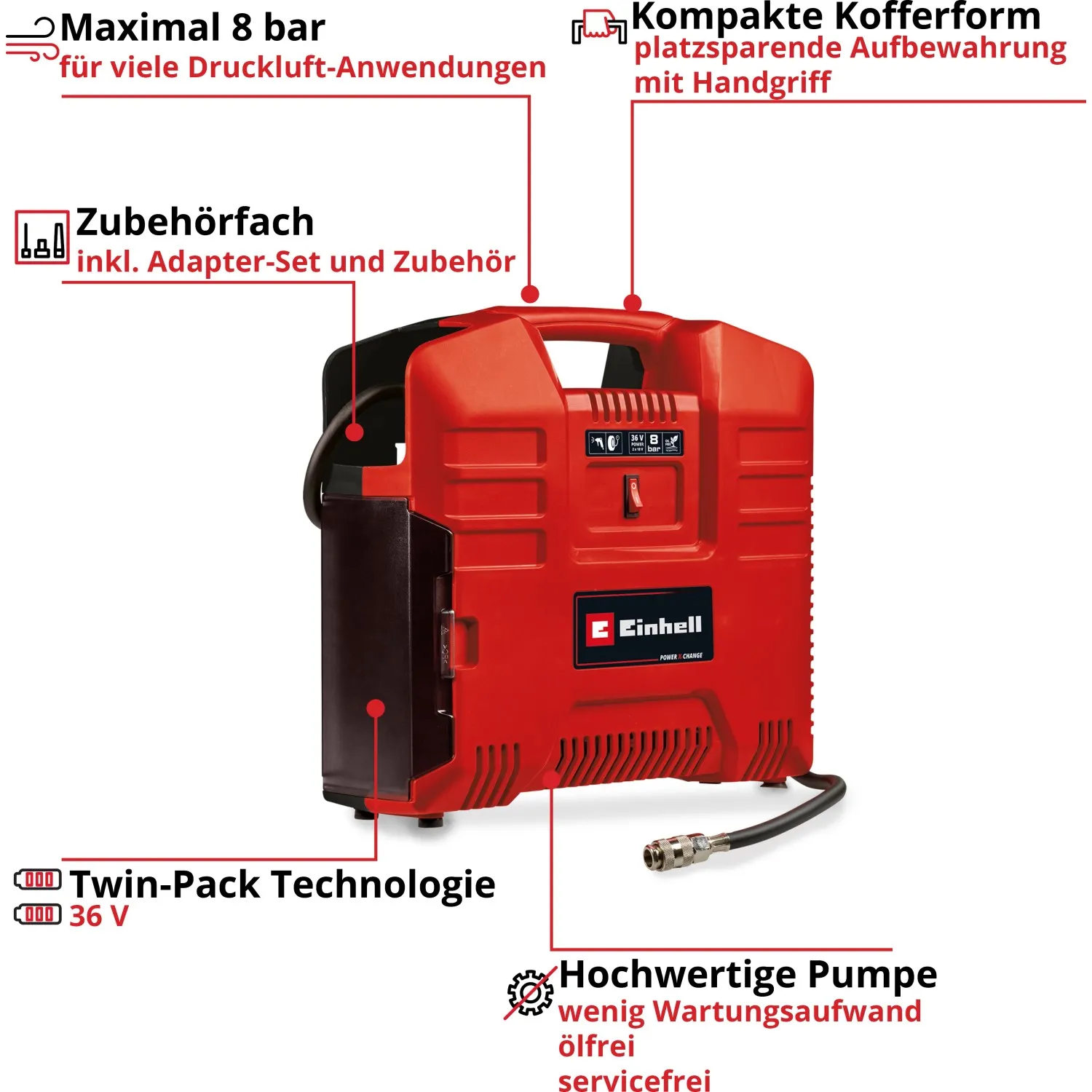 Compressore portatile a batteria Einhell Power X-Change TE-AC 36/8 Li OF Solo