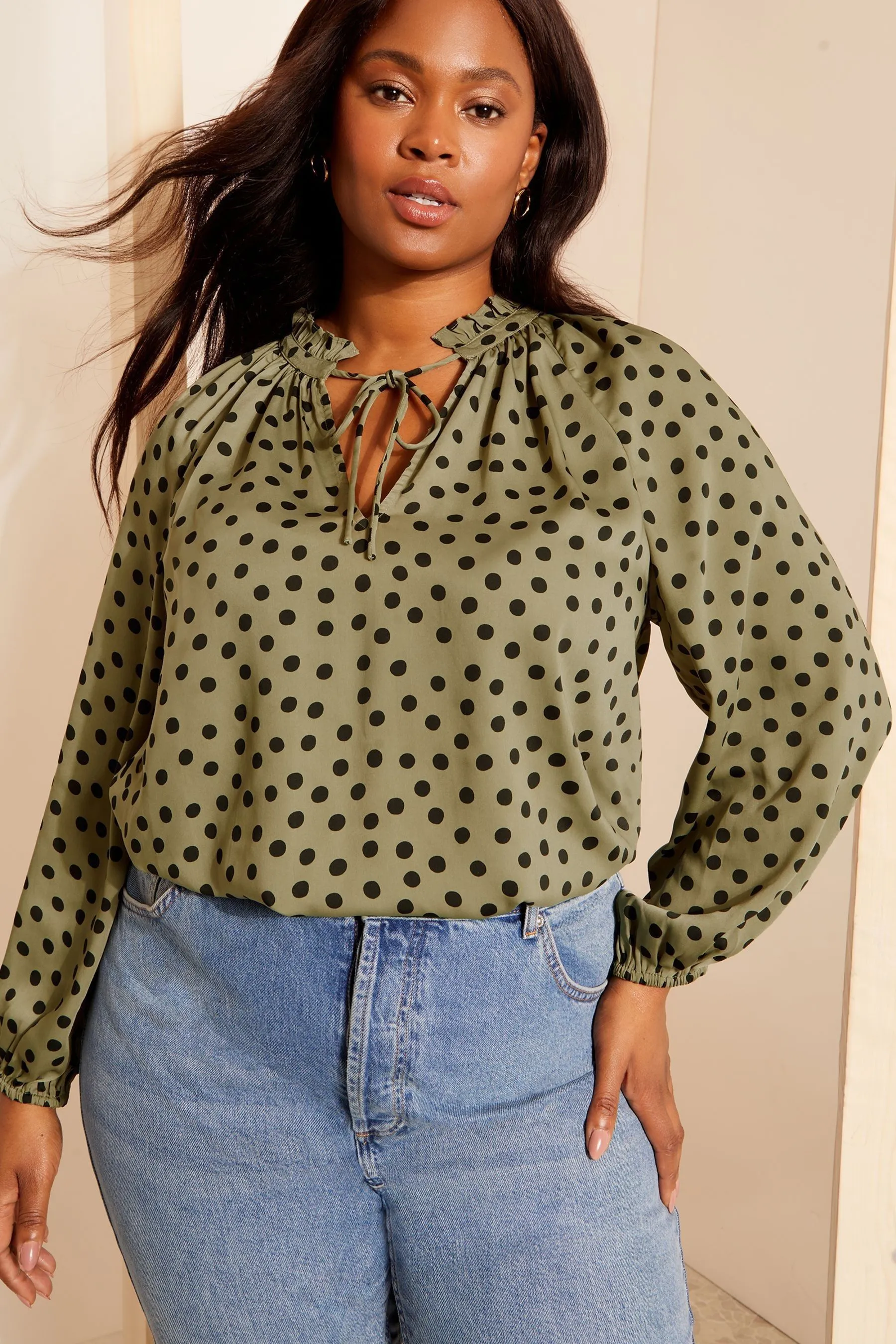 Curves Like These Long Sleeve Satin Tie Neck Blouse    