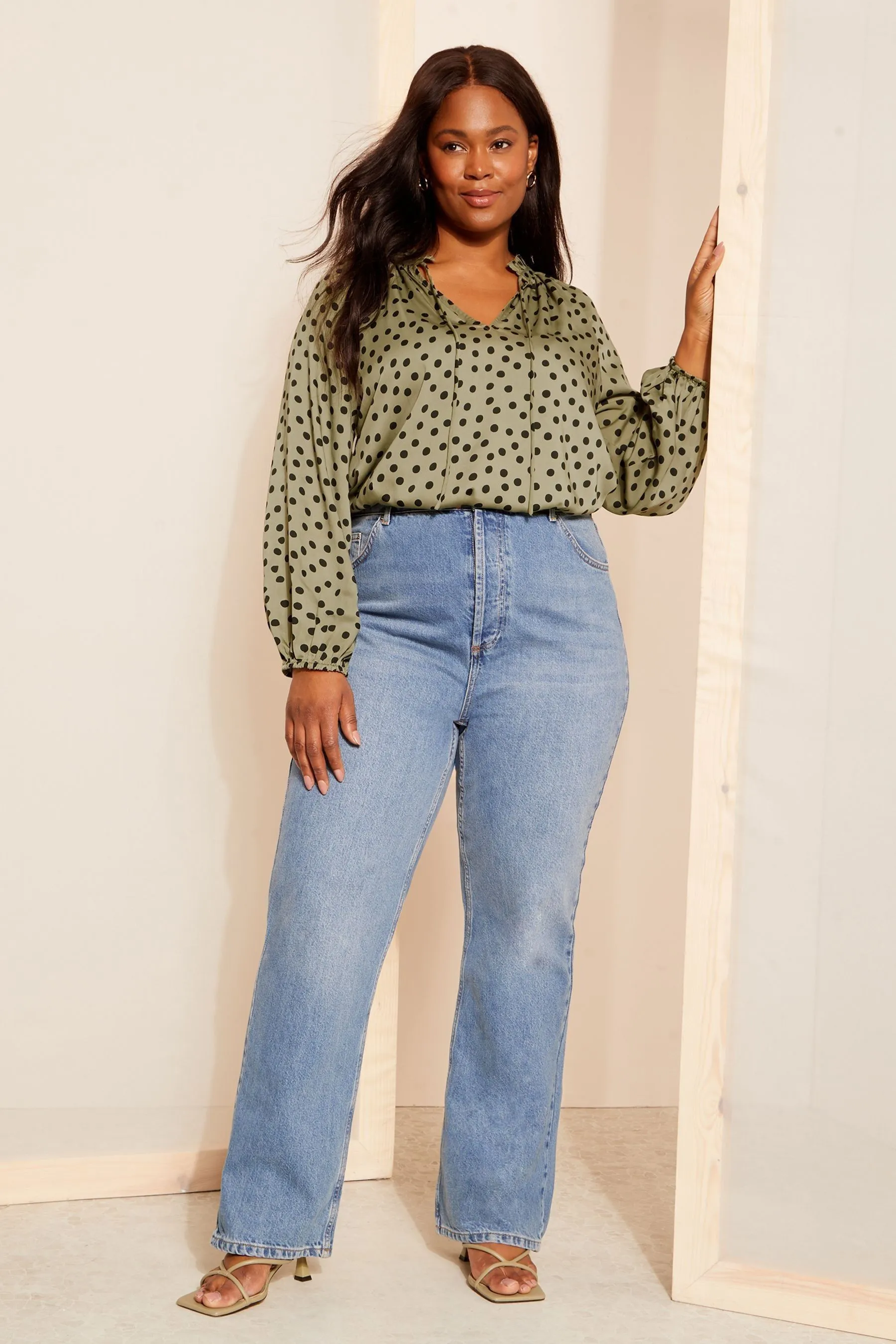 Curves Like These Long Sleeve Satin Tie Neck Blouse    