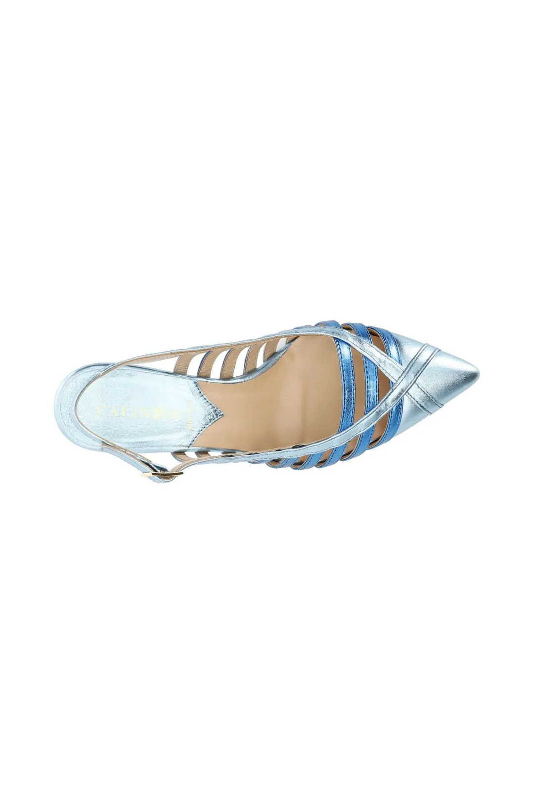 dècollète in pelle laminata con fasce laterali multi azzurro