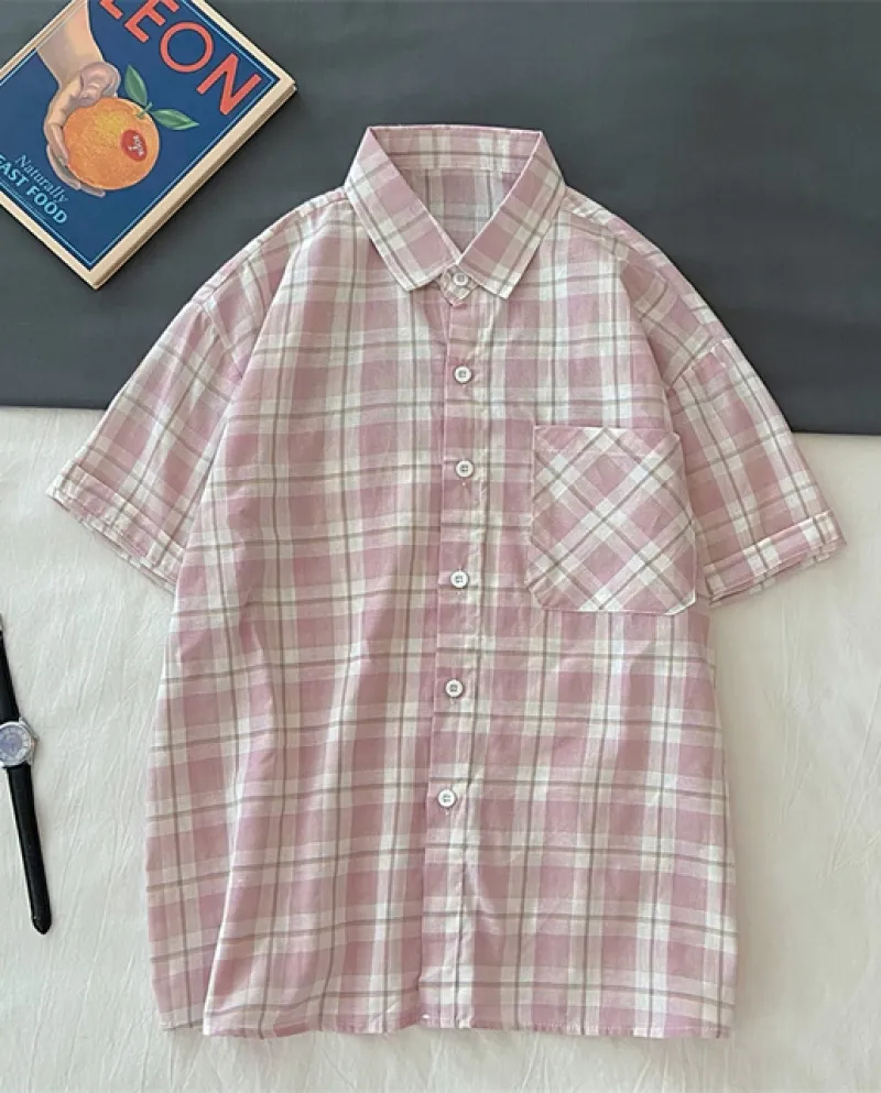 Ebaihui Camicia a Quadri Estiva da Donna Casual Scollo a V Manica Corta Loose Blou