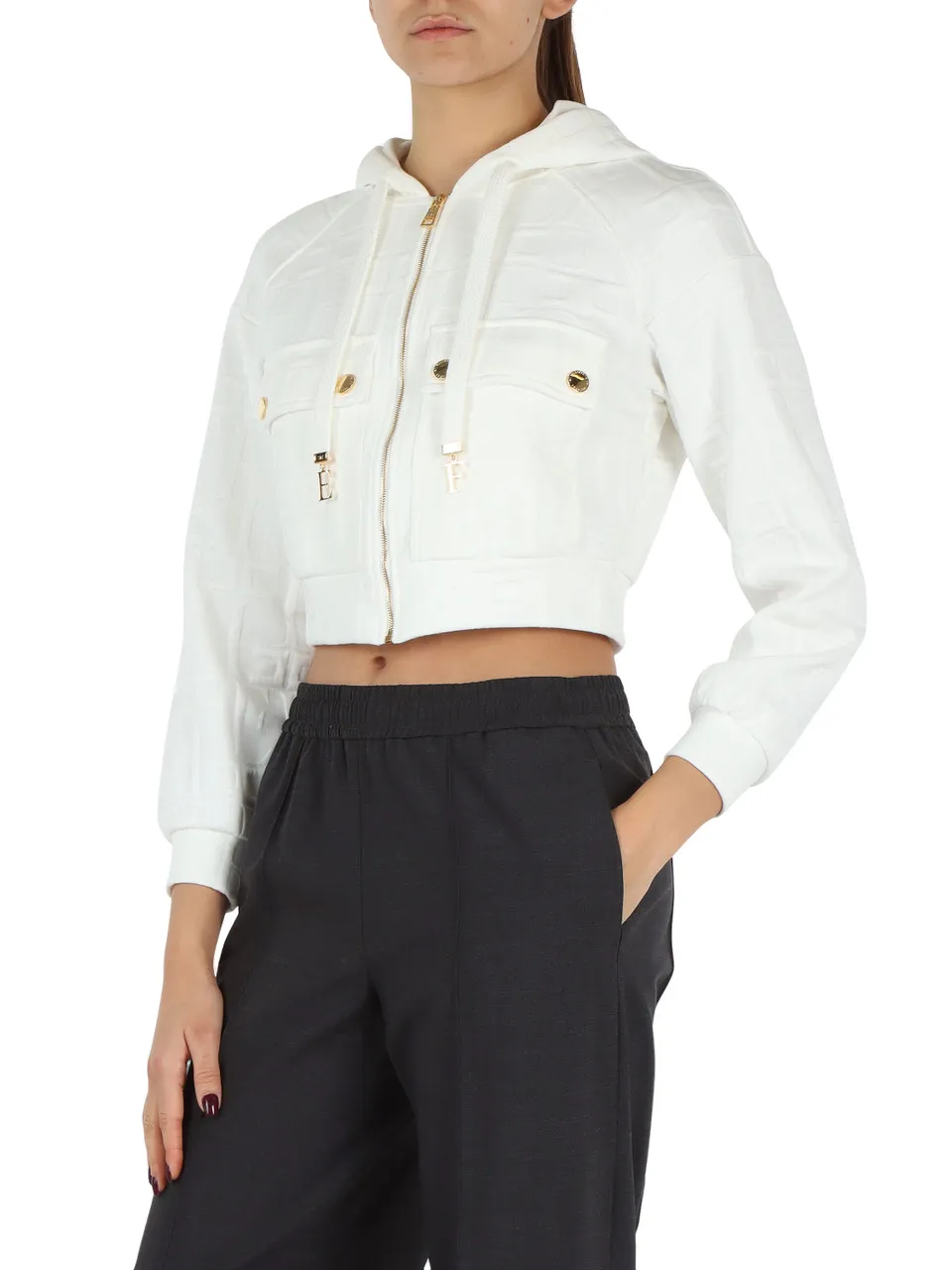 Felpa in cotone jacquard con cappuccio e zip