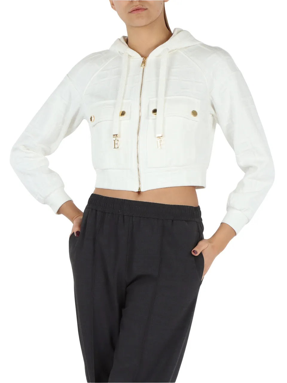 Felpa in cotone jacquard con cappuccio e zip