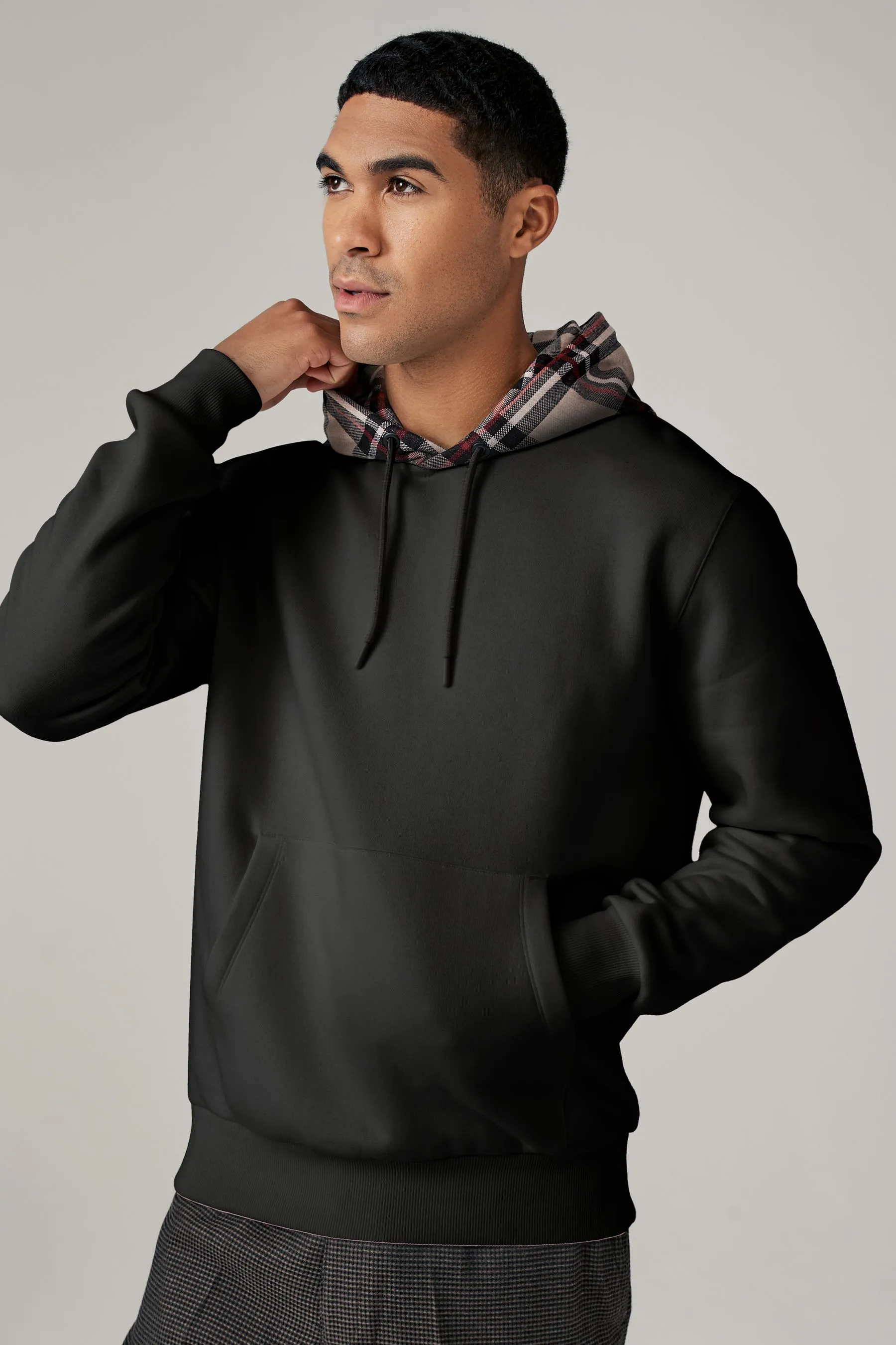 Felpa premium in jersey misto cotone con cappuccio a quadri
