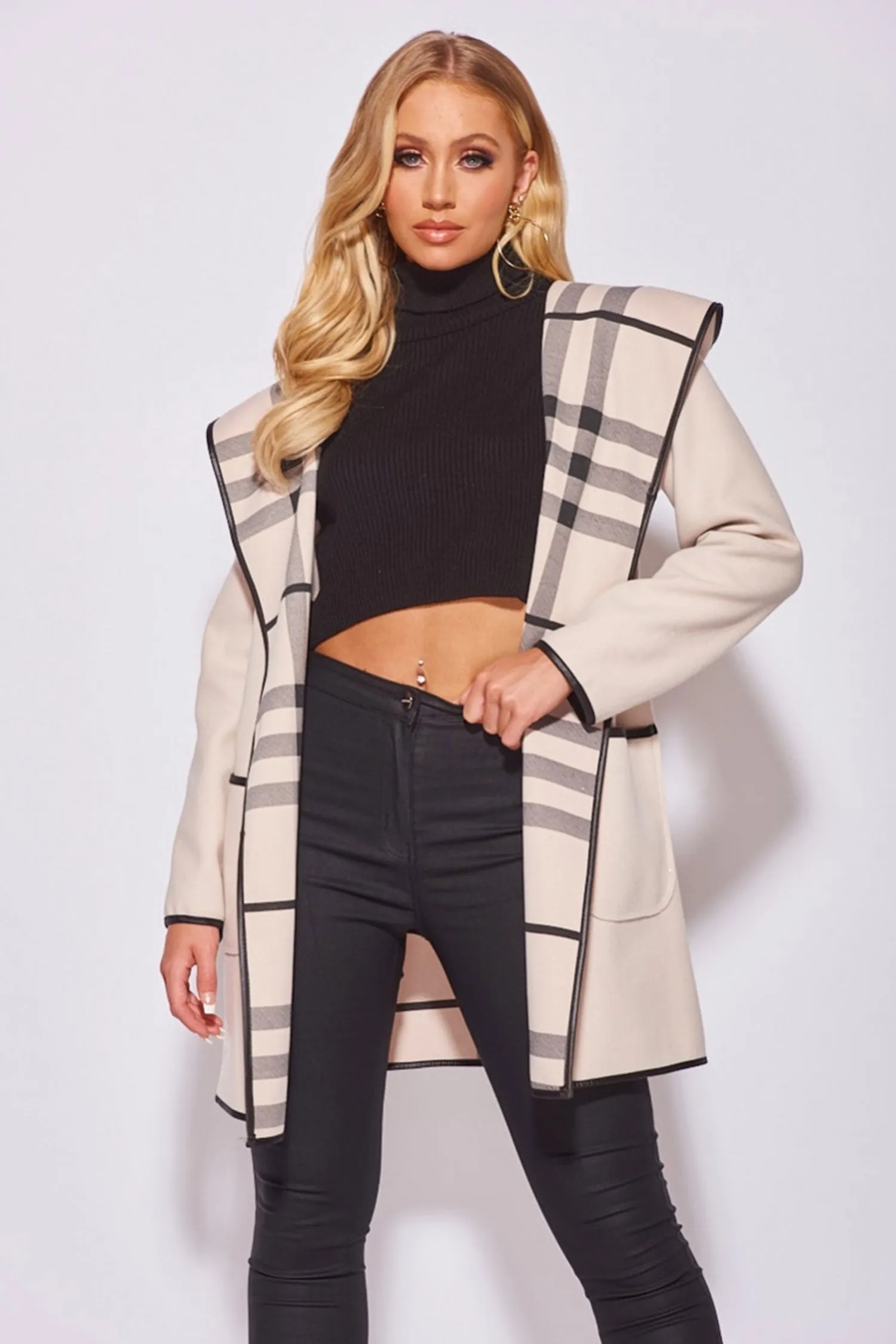 Giacca aperta beige con cappuccio