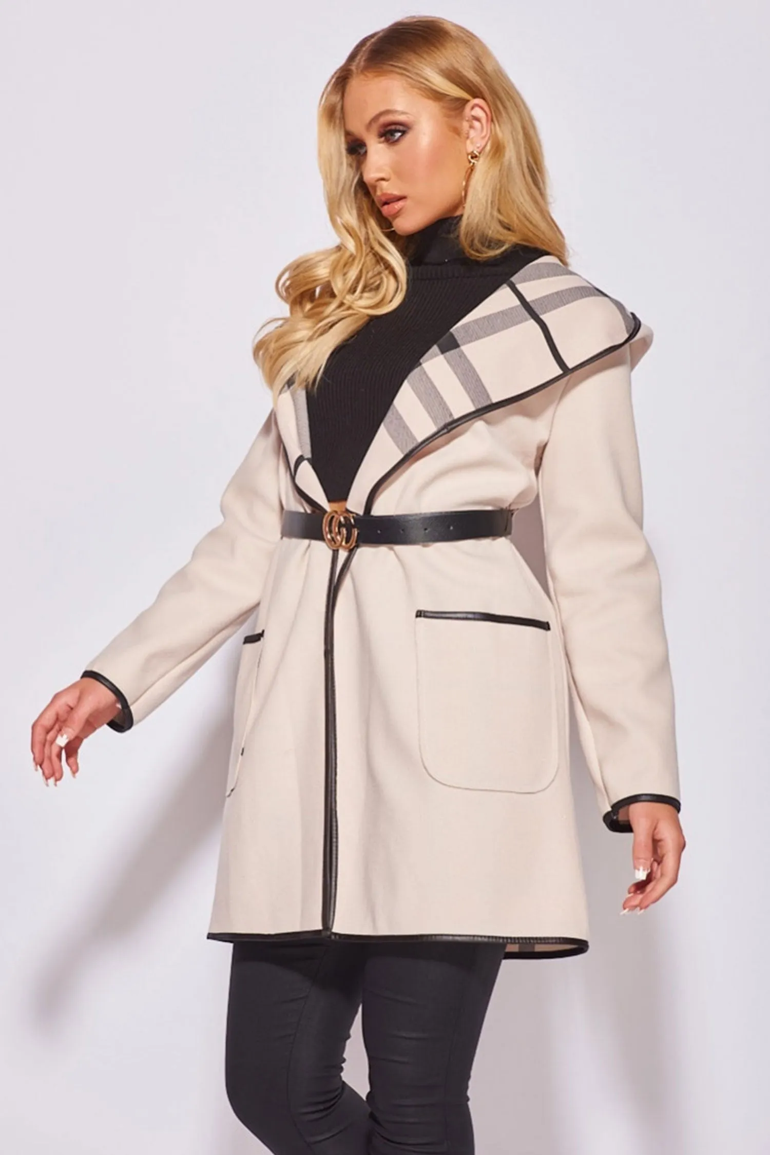 Giacca aperta beige con cappuccio