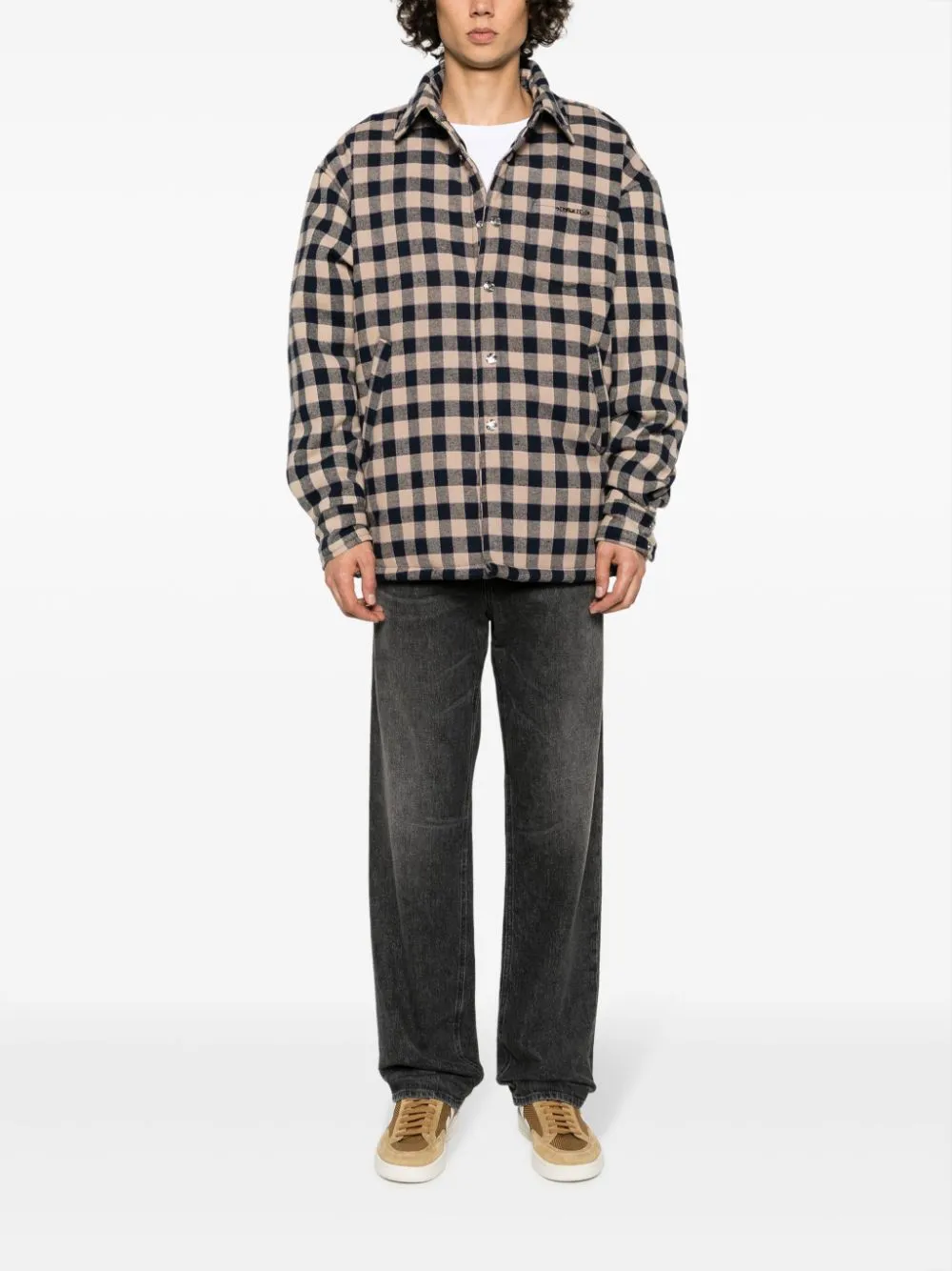 Giacca-camicia con stampa a quadri in blu e beige - uomo