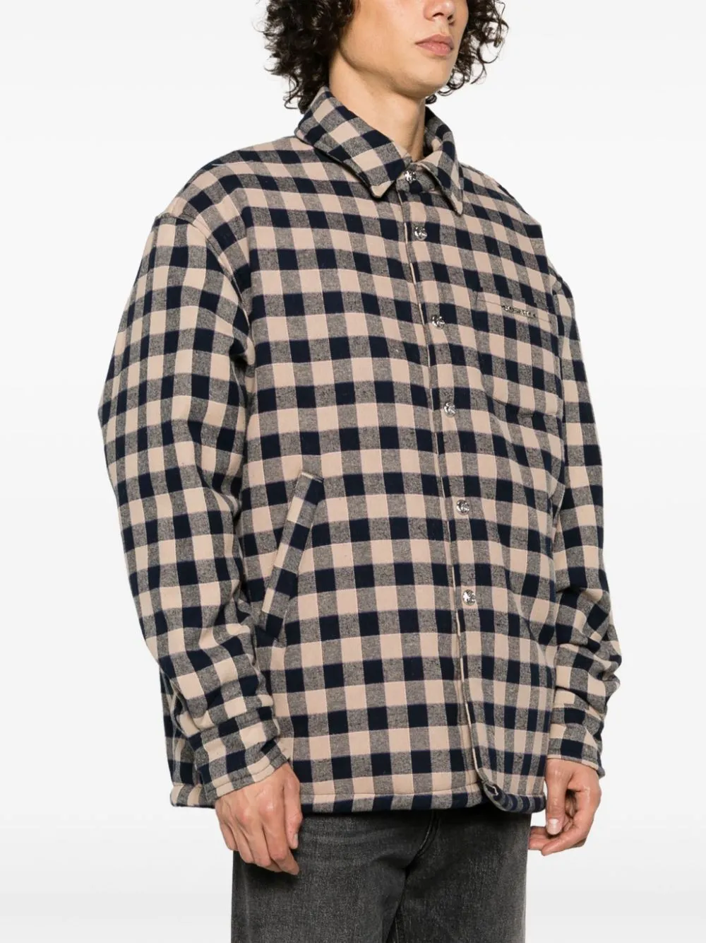 Giacca-camicia con stampa a quadri in blu e beige - uomo