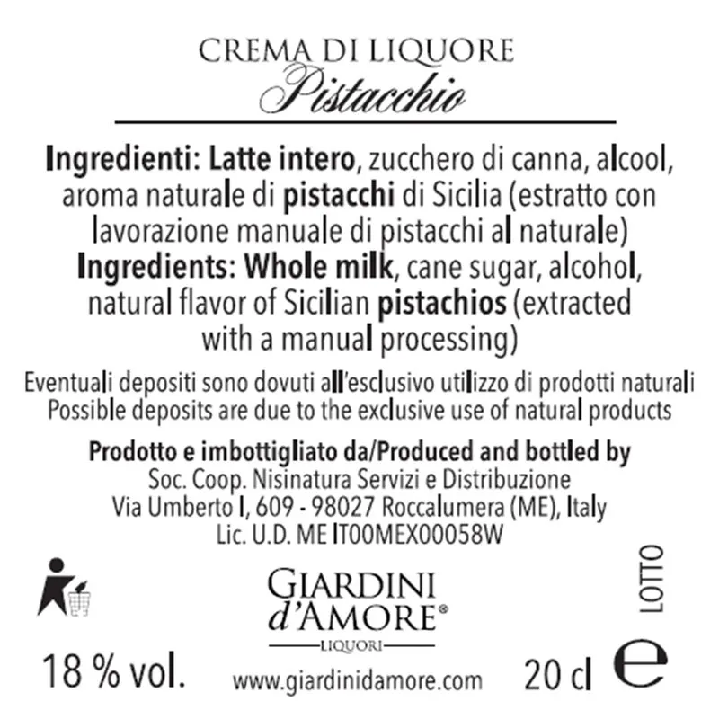 Giardini d'Amore Crema di liquore di Pistacchio 20 cl