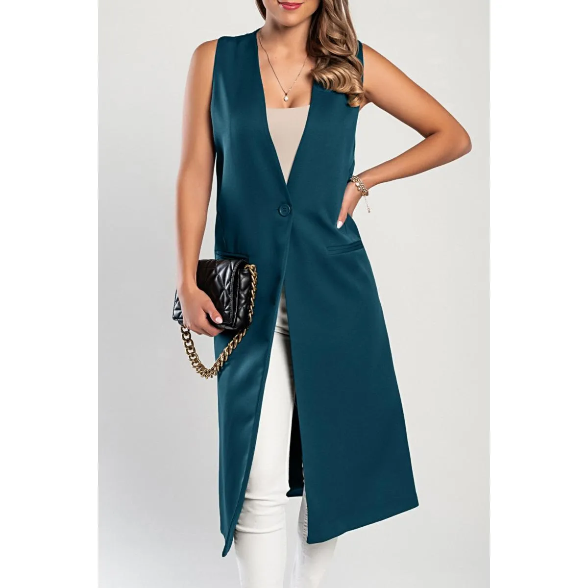 Gilet lungo elegante con bottone, petrolio