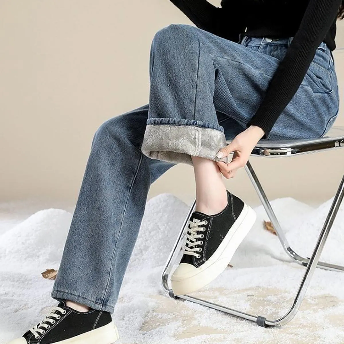 Jeans morbidi e addensati Pantaloni a matita in denim skinny da donna Pantaloni a vita alta moda invernale  Streetwear Abbigl