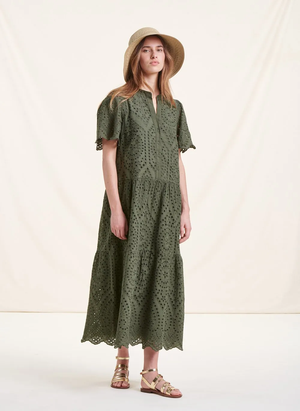 LA FEE MARABOUTEE   Abito lungo scollo tondo ricamato in cotone | Verde