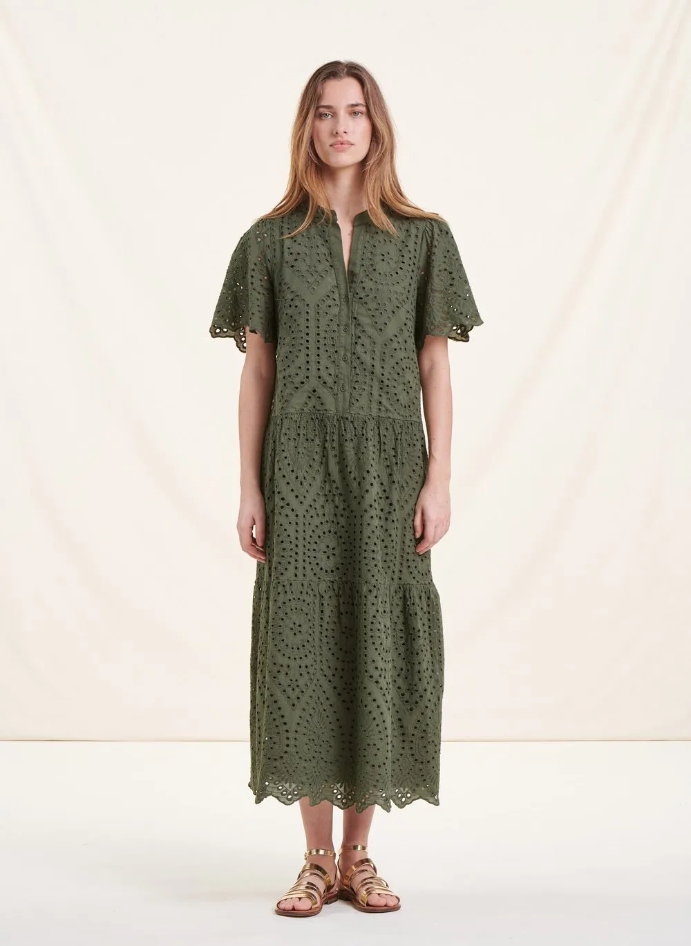  LA FEE MARABOUTEE   Abito lungo scollo tondo ricamato in cotone | Verde