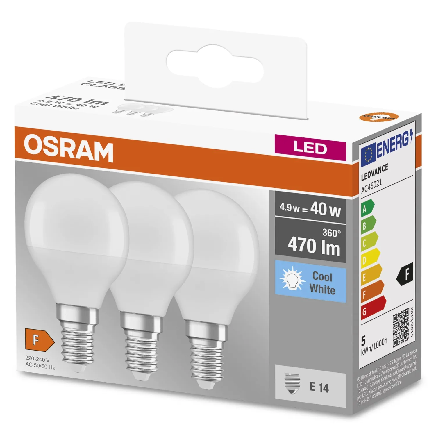 Lampadine LED E14 forma a sfera Osram 470lm bianco naturale 3 pz