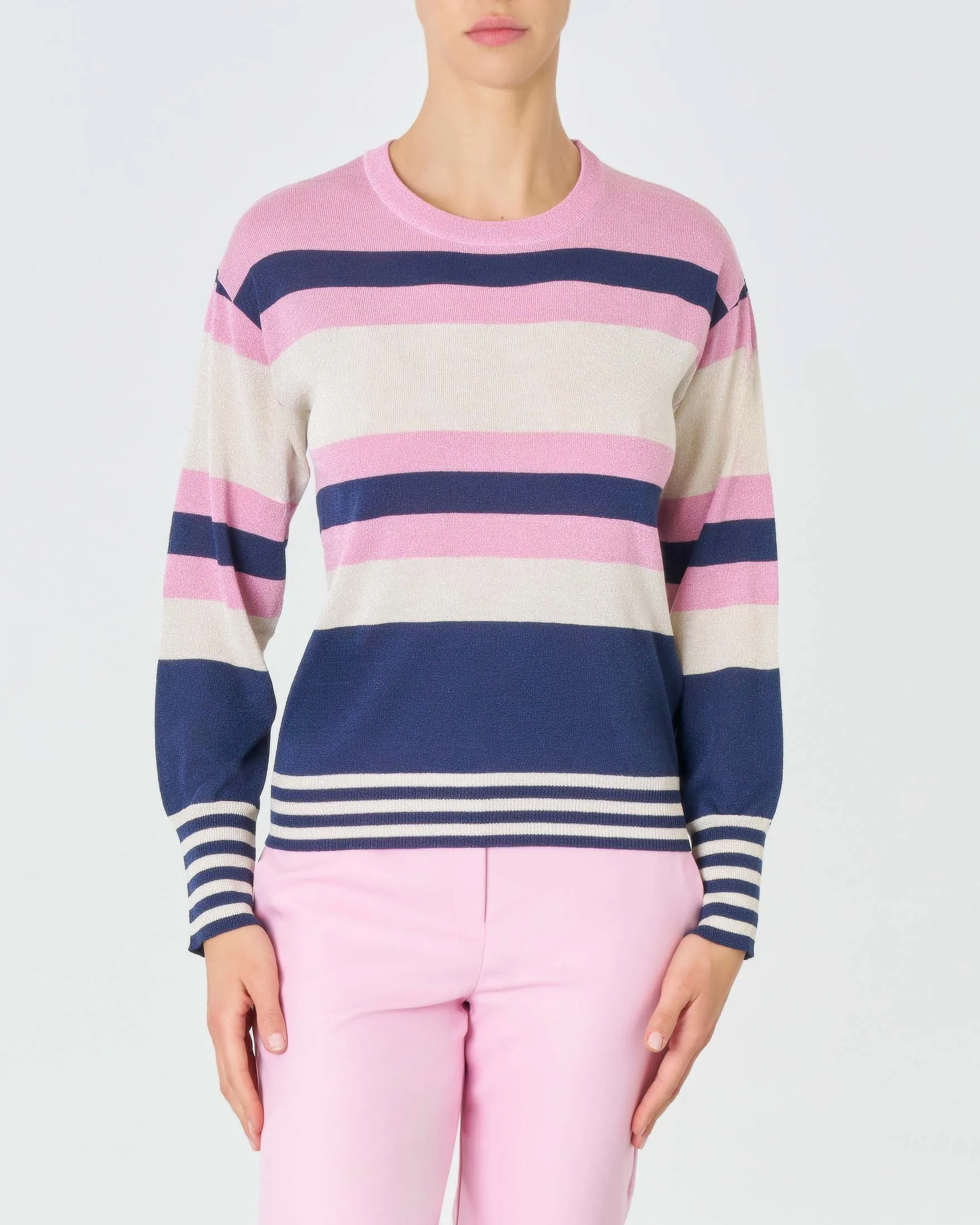 Maglia girocollo a righe blu rosa e beighe con inserti in lurex