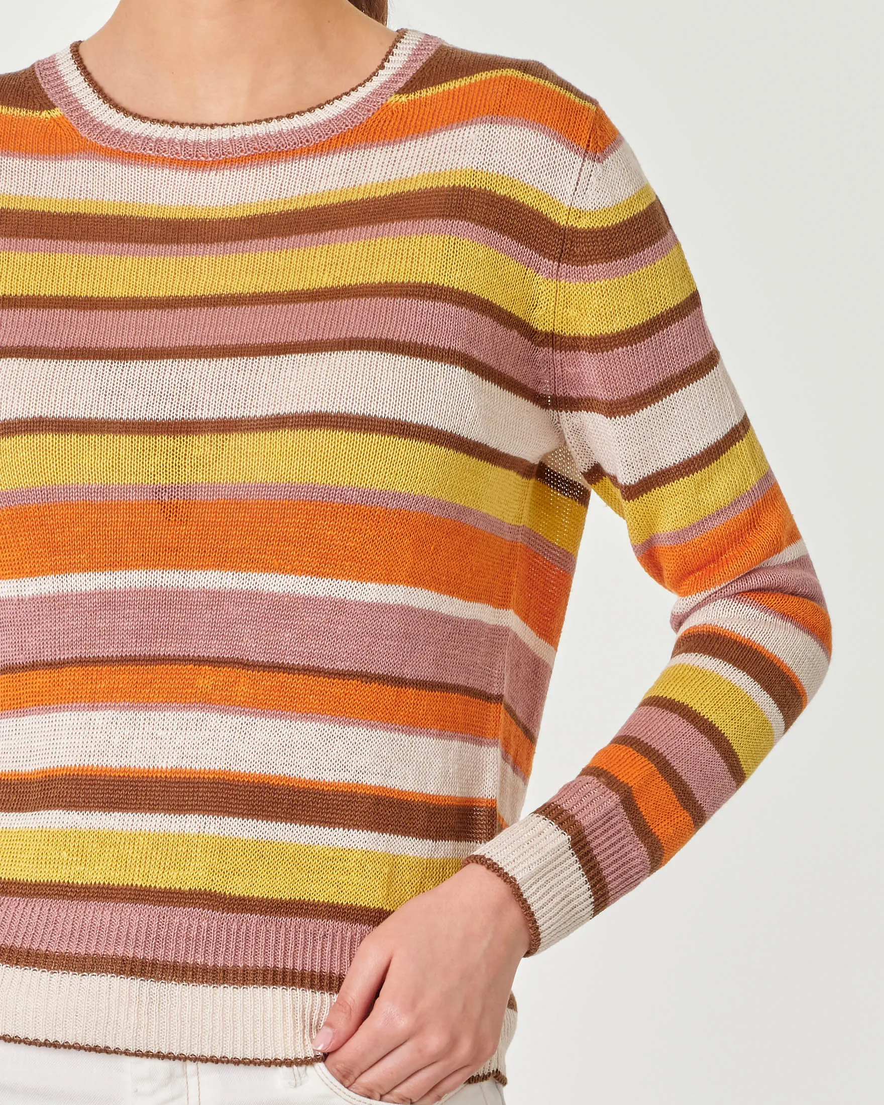 Maglia girocollo lino punto rasato a righe gialle, arancioni e marroni