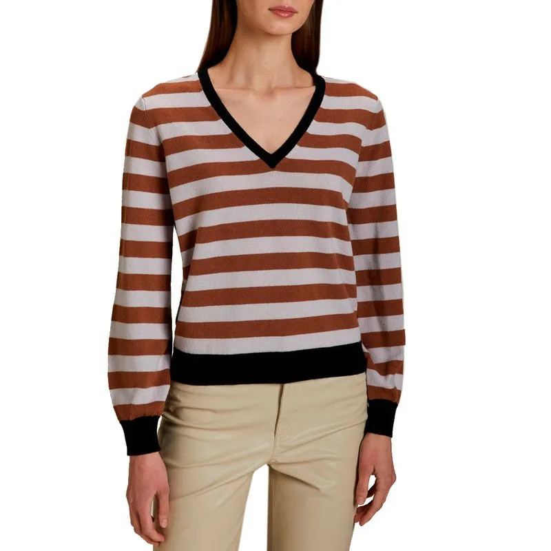 Maglione a righe beige marrone e nero scollato a V 