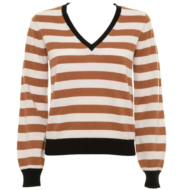 Maglione a righe beige marrone e nero scollato a V 