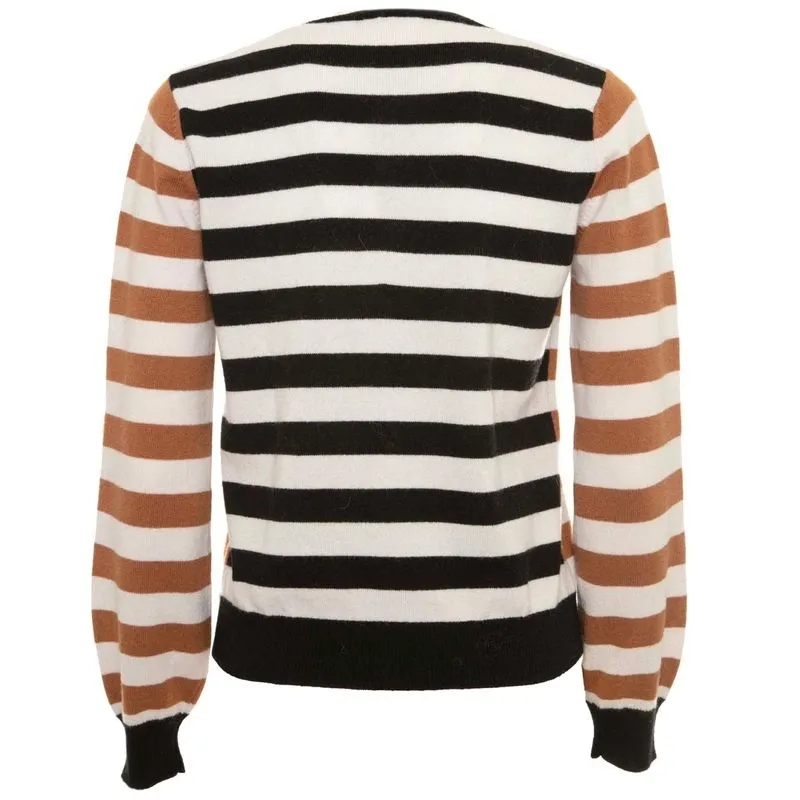 Maglione a righe beige marrone e nero scollato a V 