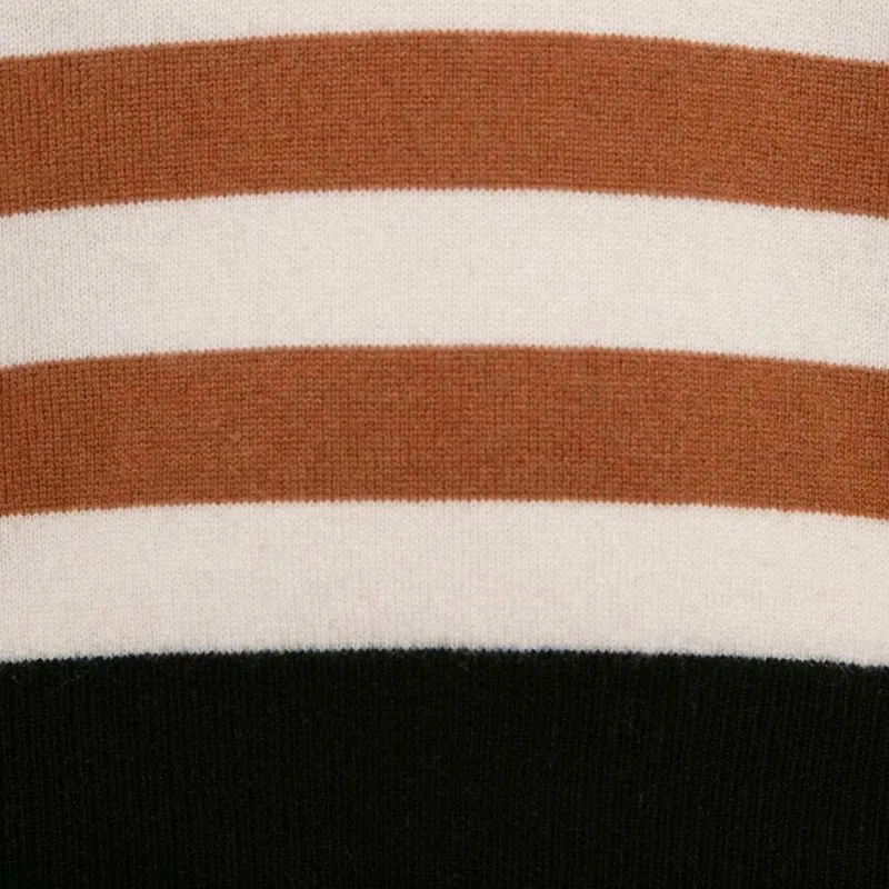 Maglione a righe beige marrone e nero scollato a V 