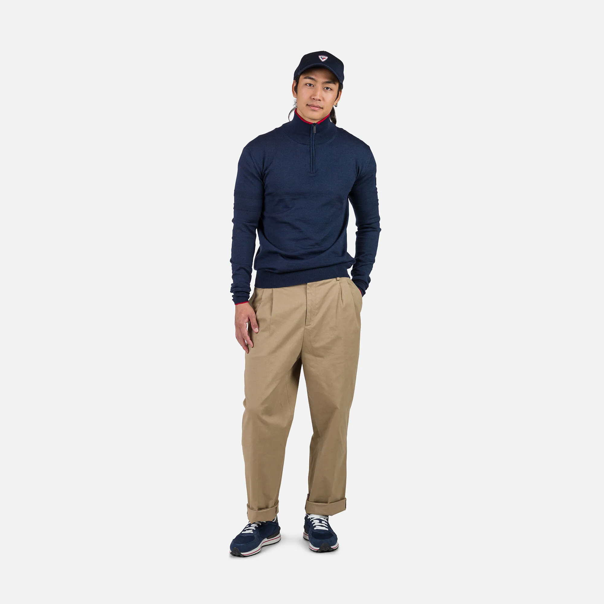 Maglione a righe con mezza zip uomo