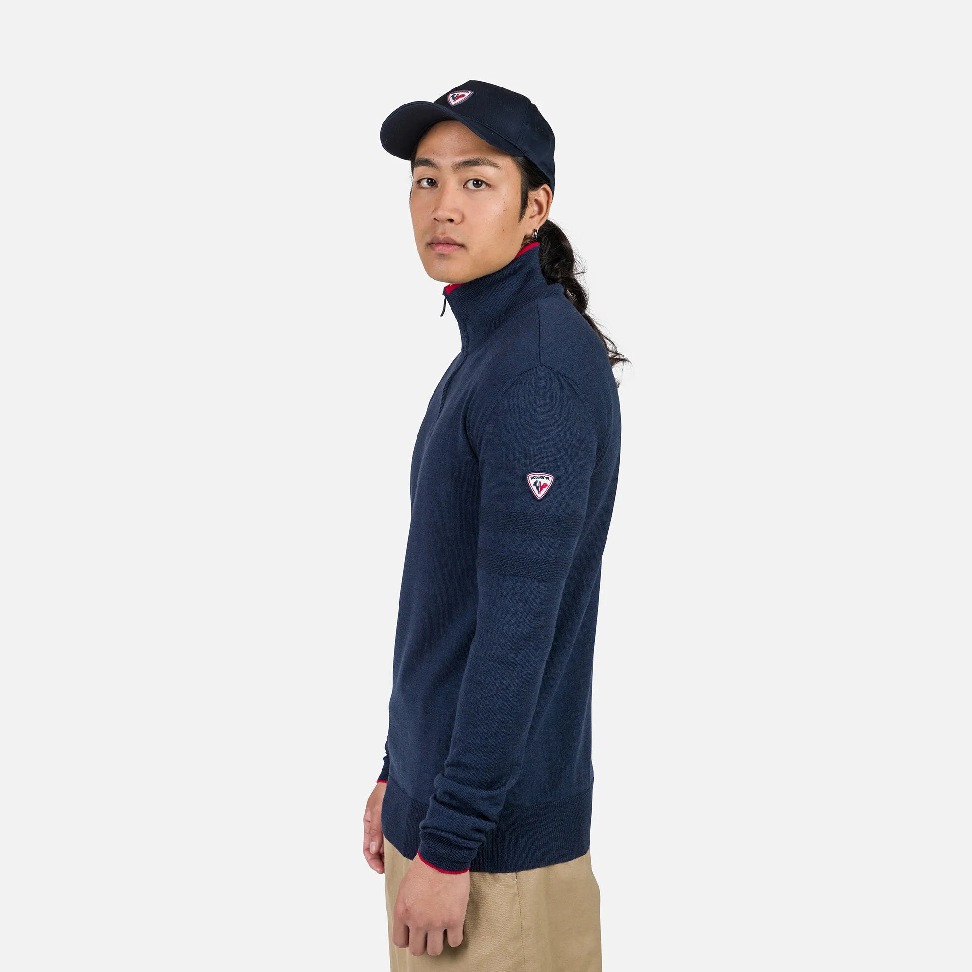 Maglione a righe con mezza zip uomo