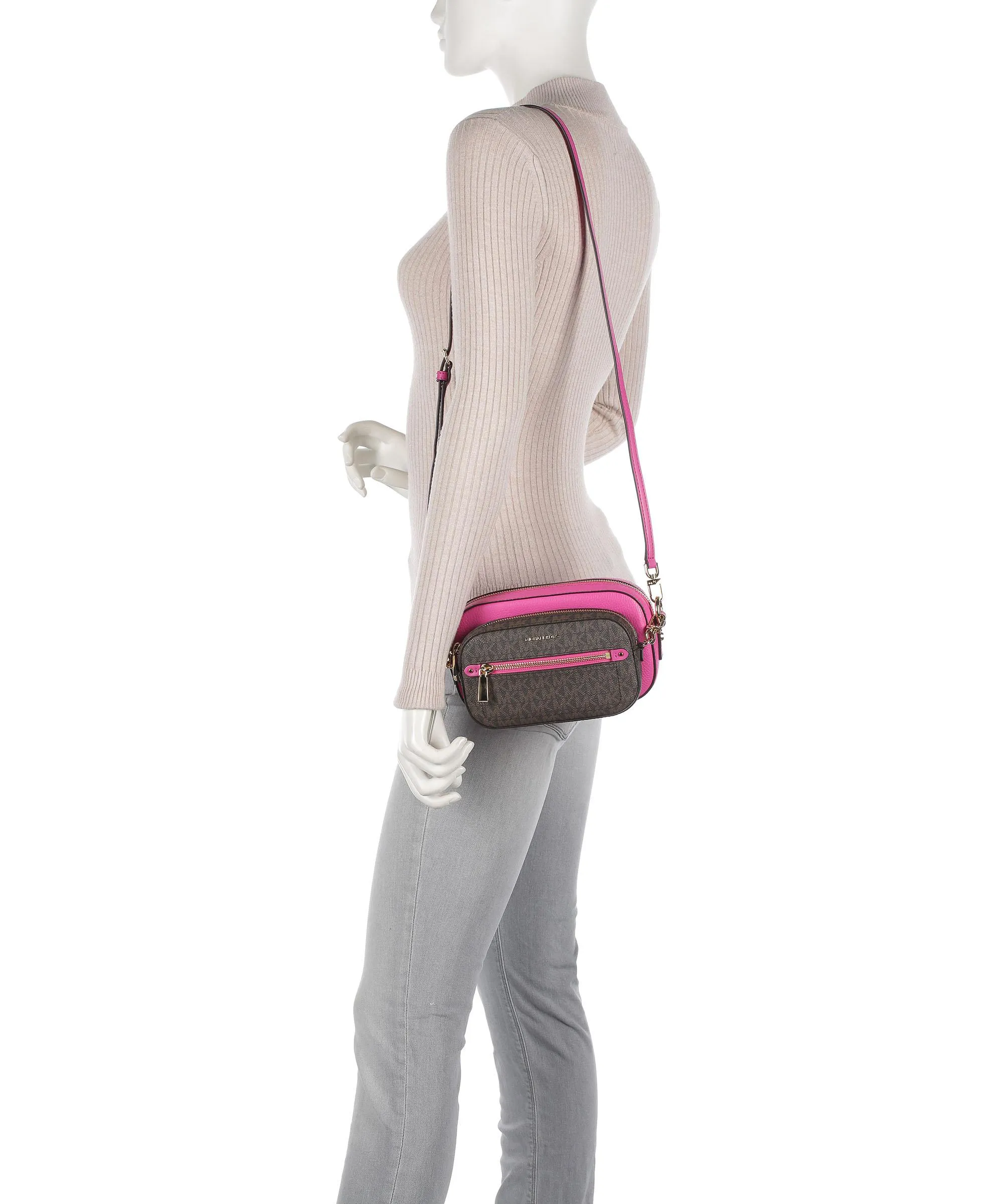  Michael Kors Jet Set Borsa a tracolla pelle di vacchetta grana, tela rosa/marrone  