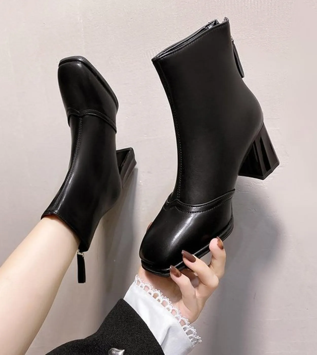 Nuove donne autunno scarpe donna stivali moda punta quadrata cerniera pu stivaletti in pelle 2022 inverno stivali moderni concis