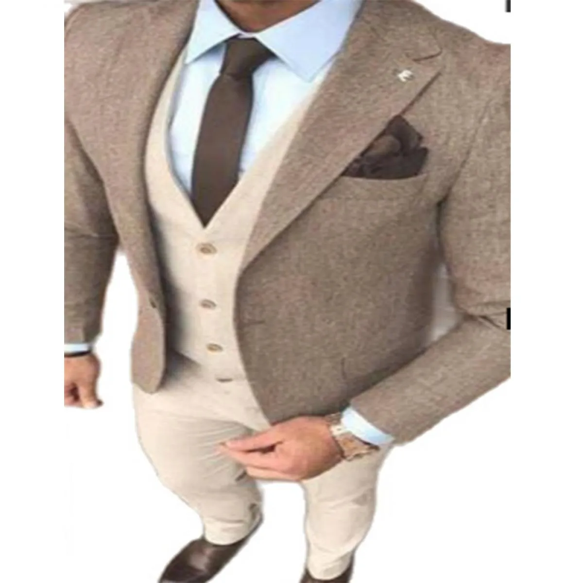 Parola spessa Ni Matrimonio Abito in tessuto tweed invernale Beige Slim adatto a pantaloni da uomo con cappotto da ballo (giacca